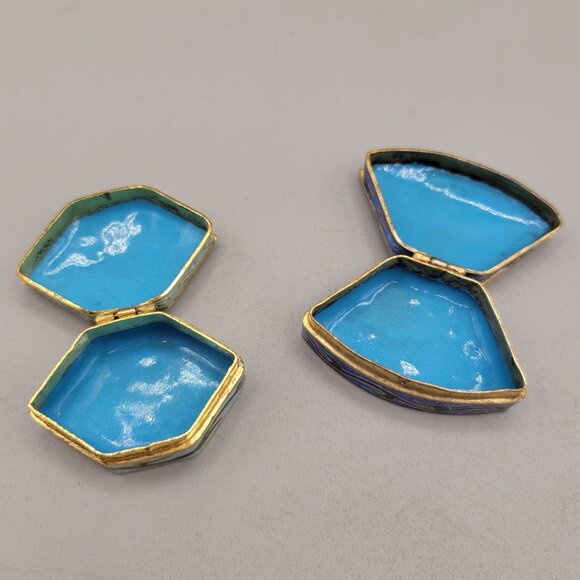 Vintage Cloisonné Enamel Trinket Pill Boxes Hexagon and Fan Shape Floral Set 2 - Picture 7 of 9